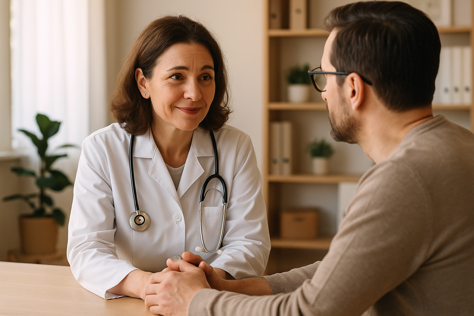 Clinician discussing care with an adult patient