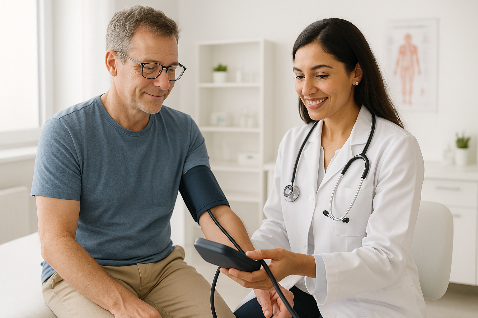 Clinician checking an adult patient's blood pressure