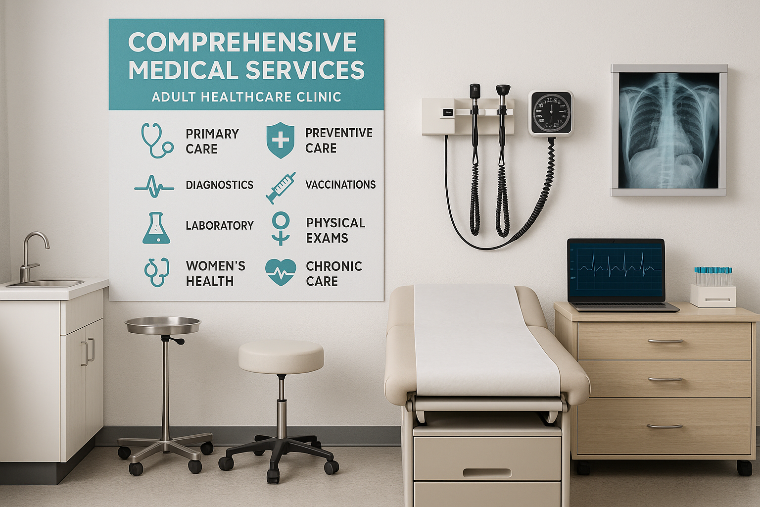 Adult healthcare exam room with diagnostic equipment