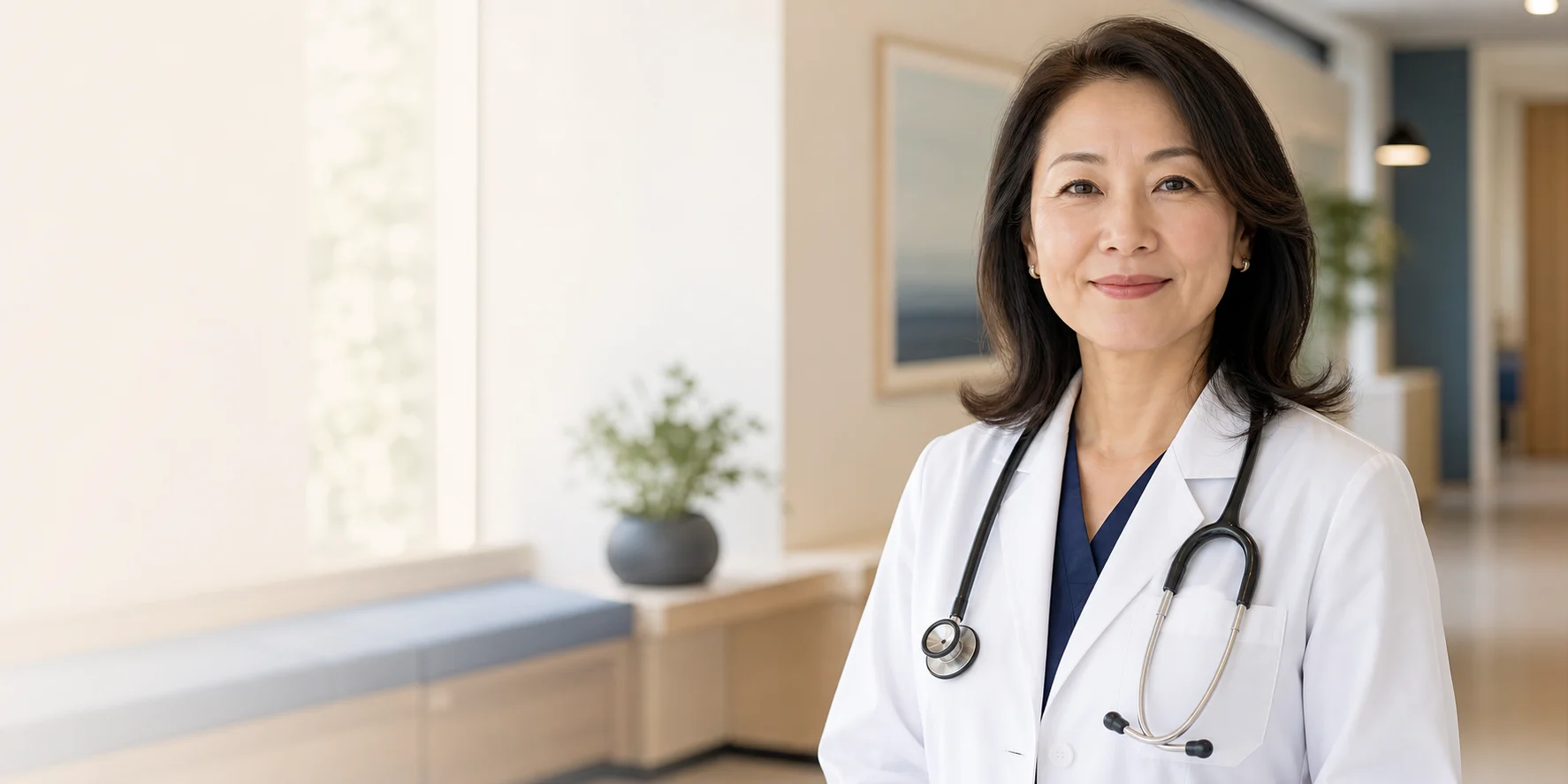 Asian woman doctor in a bright modern clinic